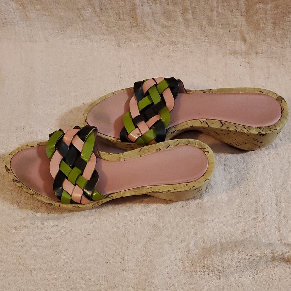 Nine West Pink, Green, and Brown Woven Sandals